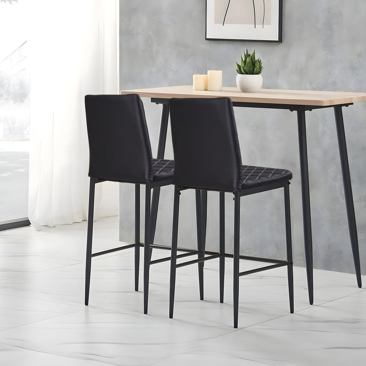 Black PU Leather Diamond-Quilted Bar Stools (Pair)