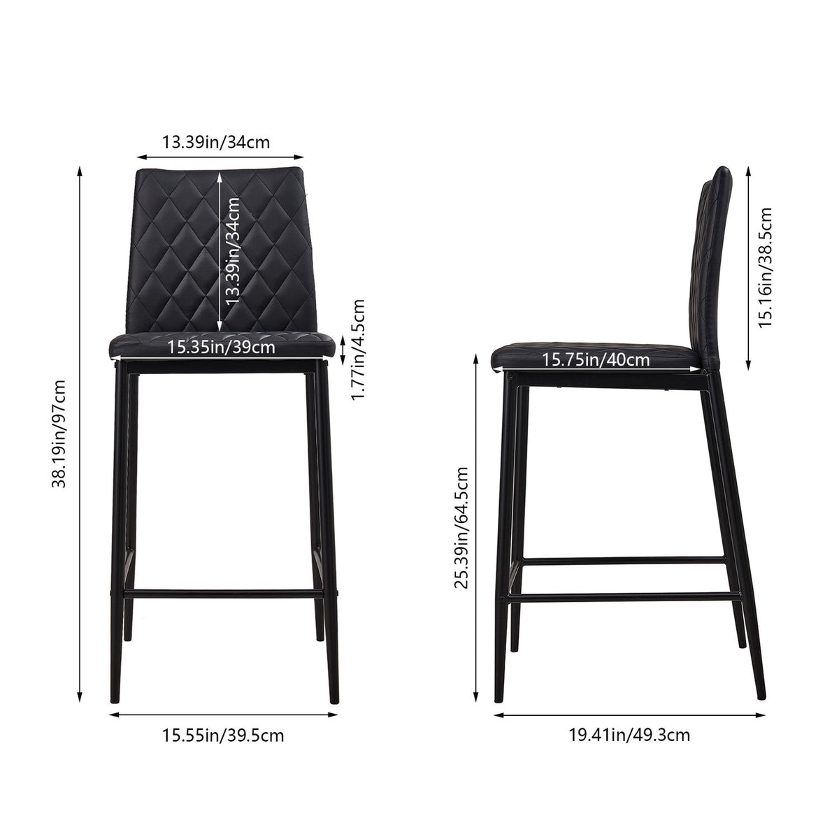 Black PU Leather Diamond-Quilted Bar Stools (Pair)