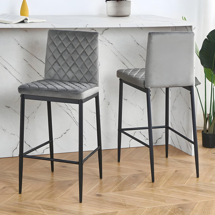 Velvet Grey Bar Stool with Quilted Backrest (Pair)