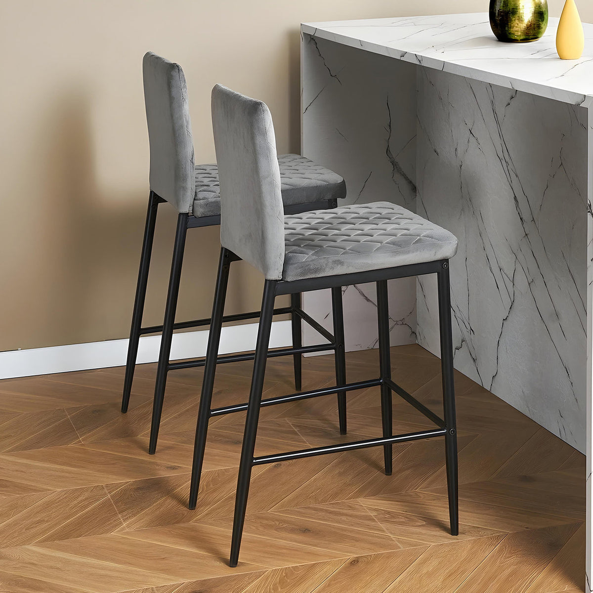 Velvet Grey Bar Stool with Quilted Backrest (Pair)
