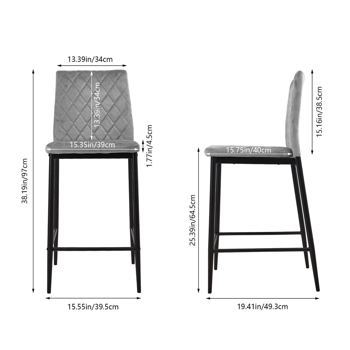 Velvet Grey Bar Stool with Quilted Backrest (Pair)