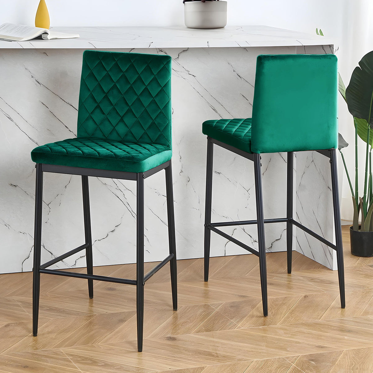 2Pcs Green Velvet Bar Stool with Quilted Backrest
