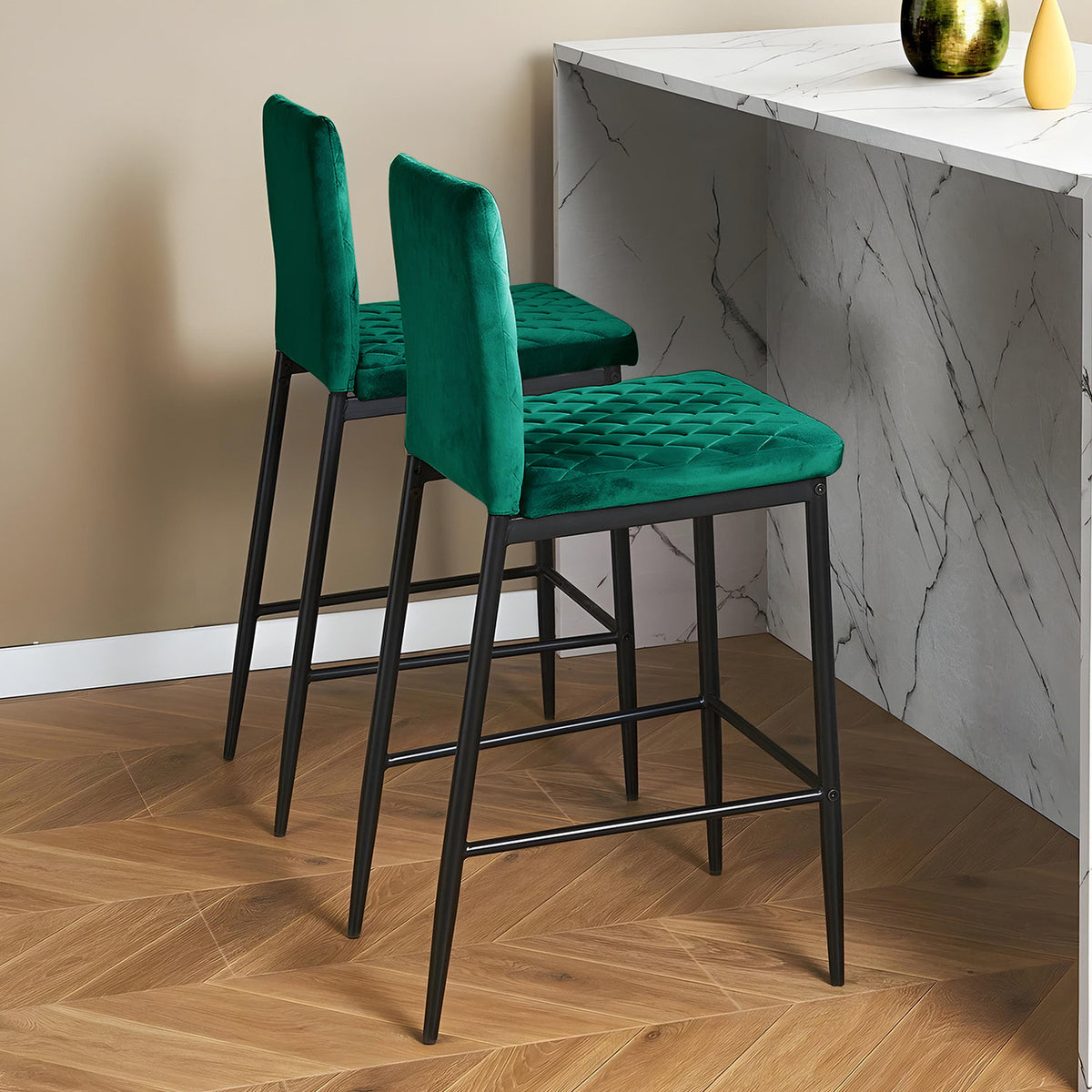 2Pcs Green Velvet Bar Stool with Quilted Backrest