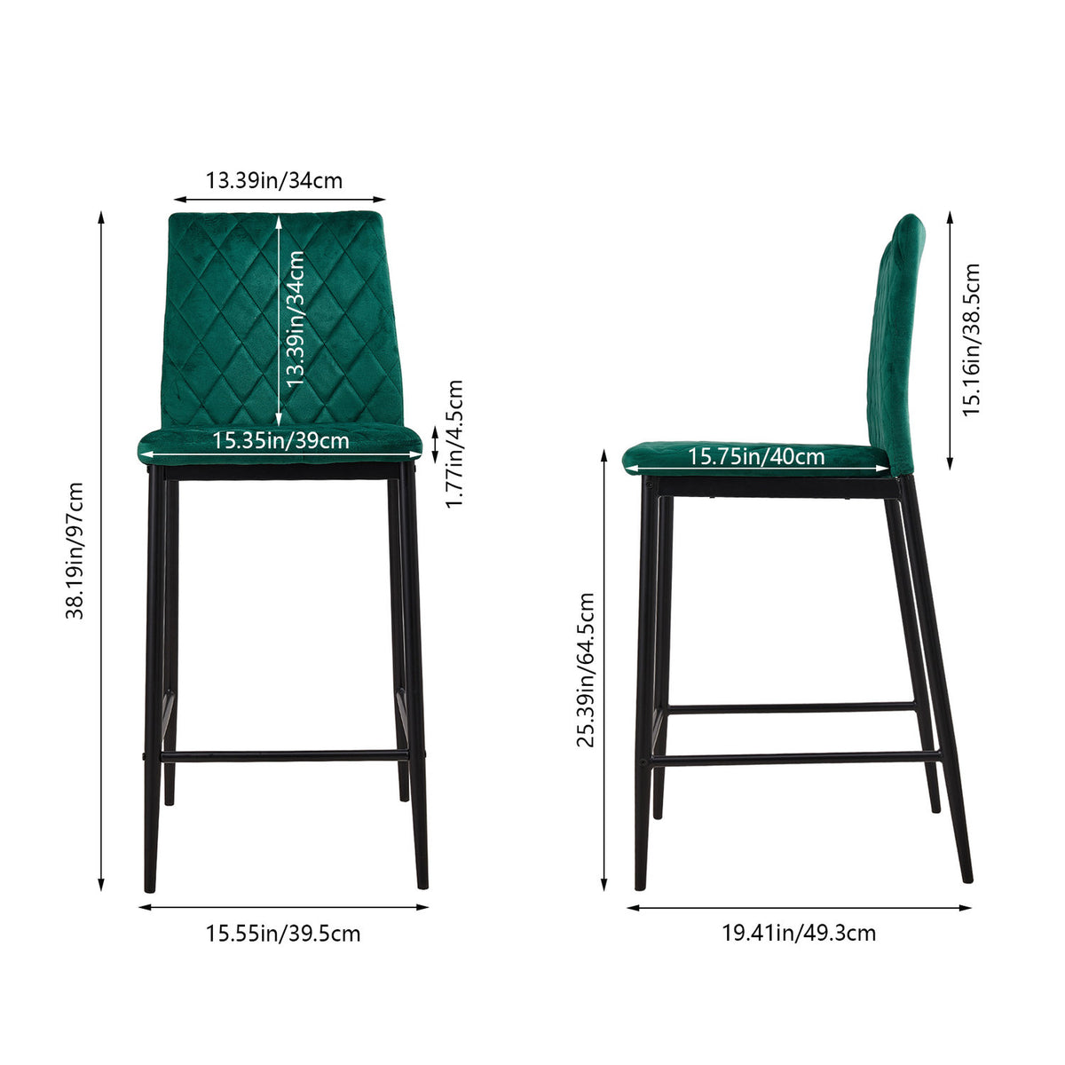 2Pcs Green Velvet Bar Stool with Quilted Backrest