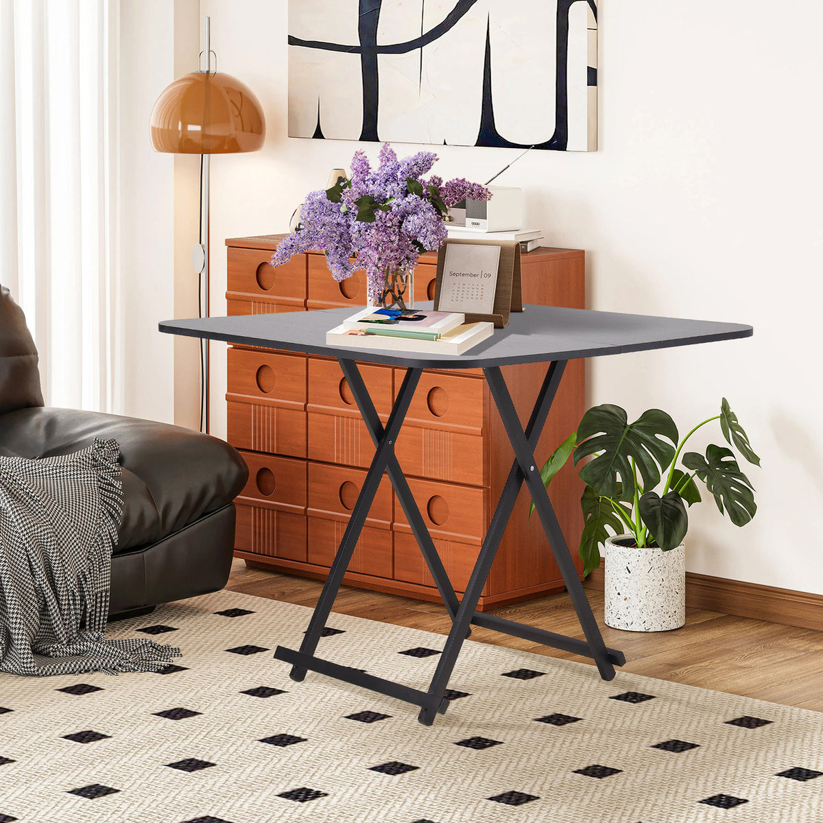 Foldable Dining Table Black with X Frame Legs