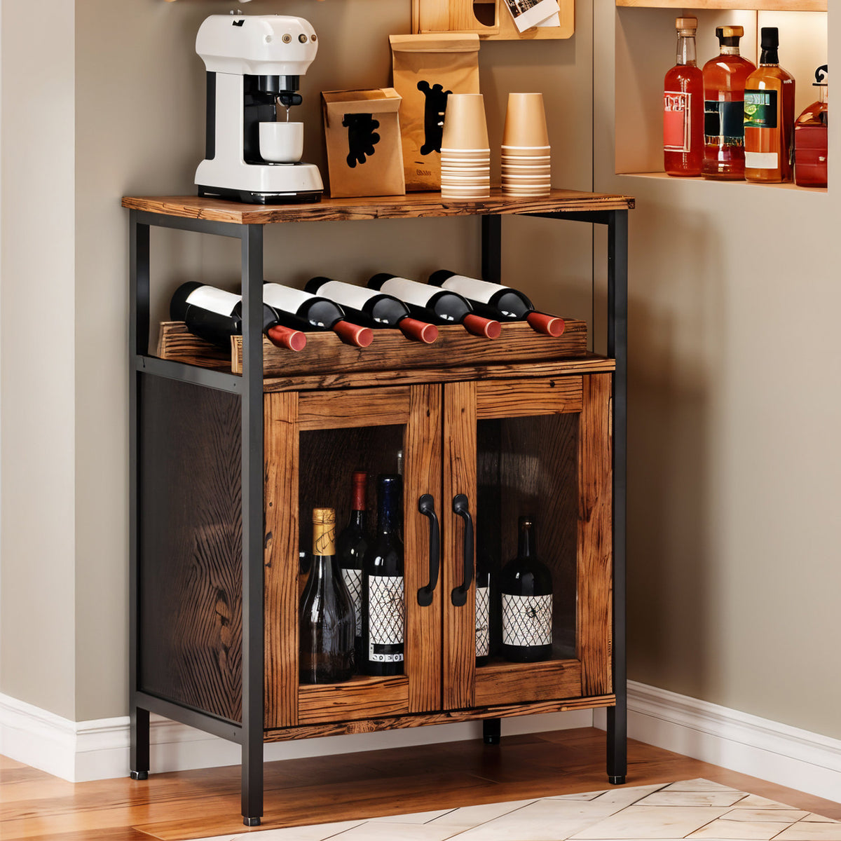Retro Bar Cabinet with Wine Rack & Glass Holder