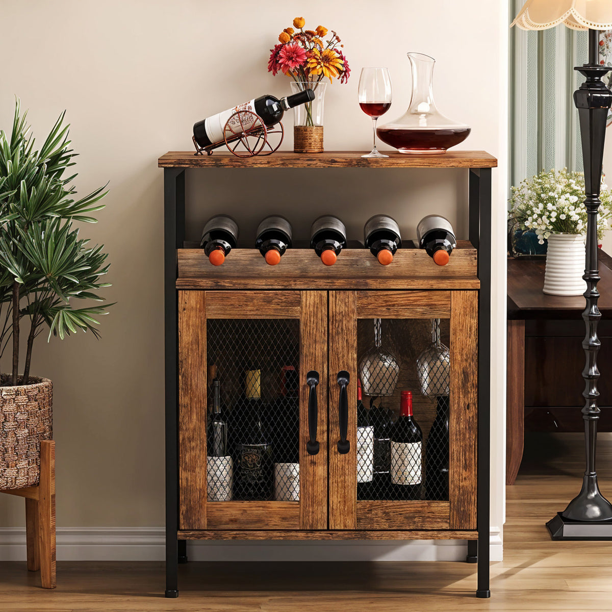 Retro Bar Cabinet with Wine Rack & Glass Holder