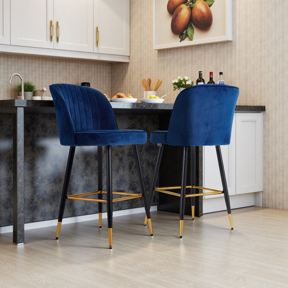 Set of 2 Royal Blue Bar Stools with Footrest