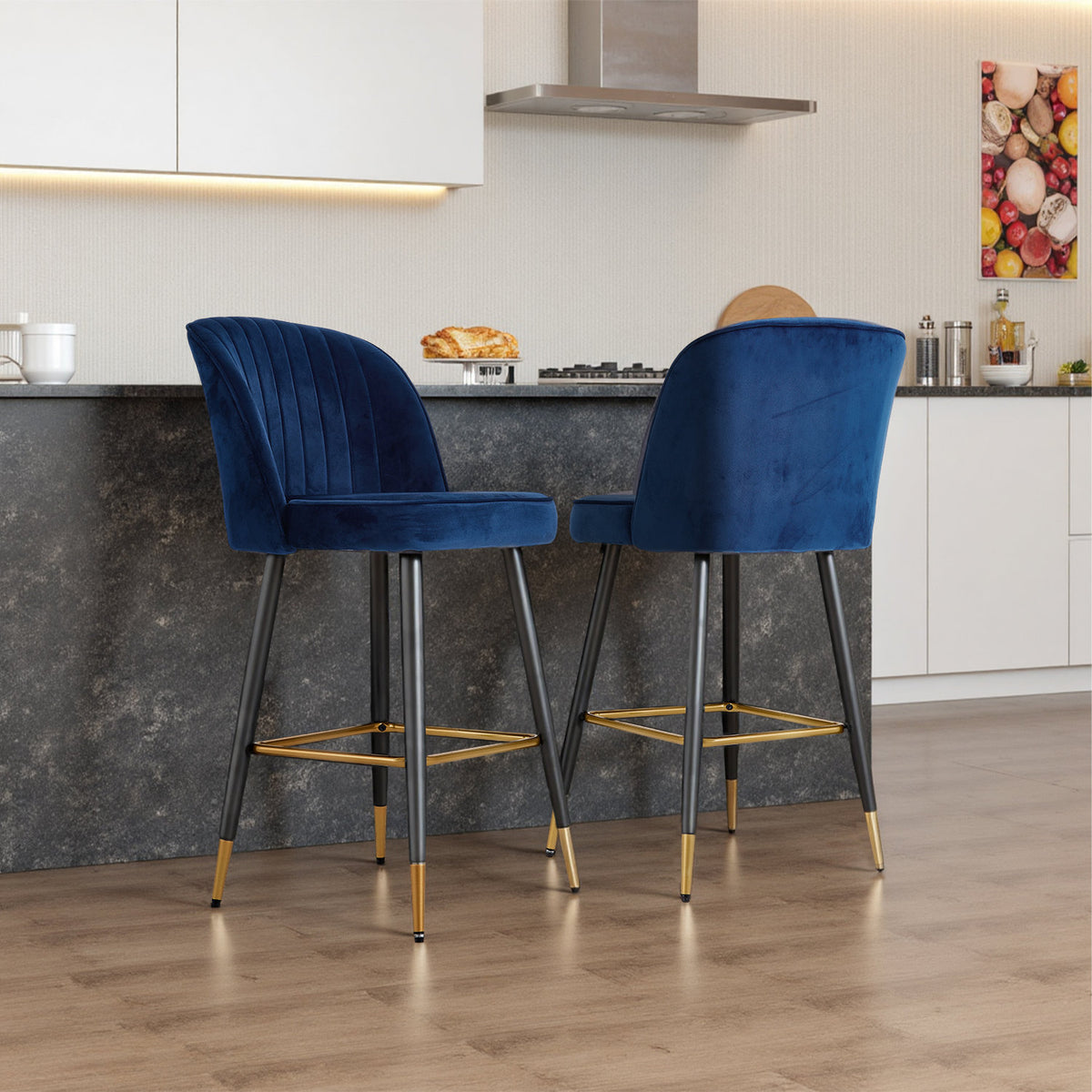 Set of 2 Royal Blue Bar Stools with Footrest