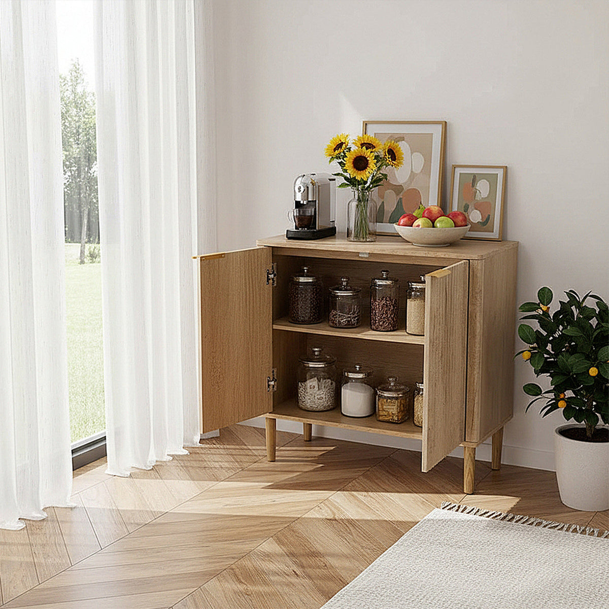 Natural Storage Cabinet with Adjustable Shelves