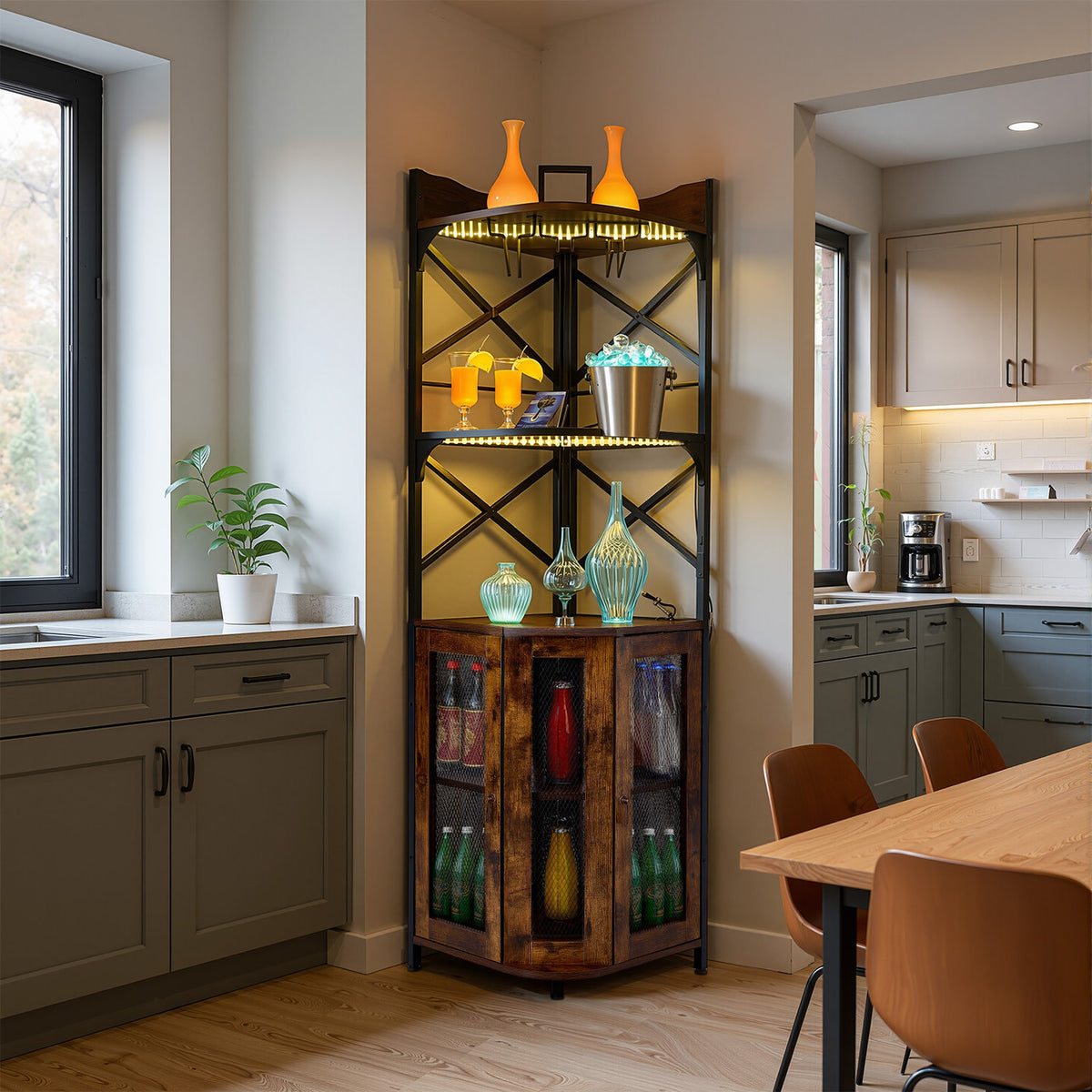 5-Tier Dark Brown RGB Corner Bar Cabinet