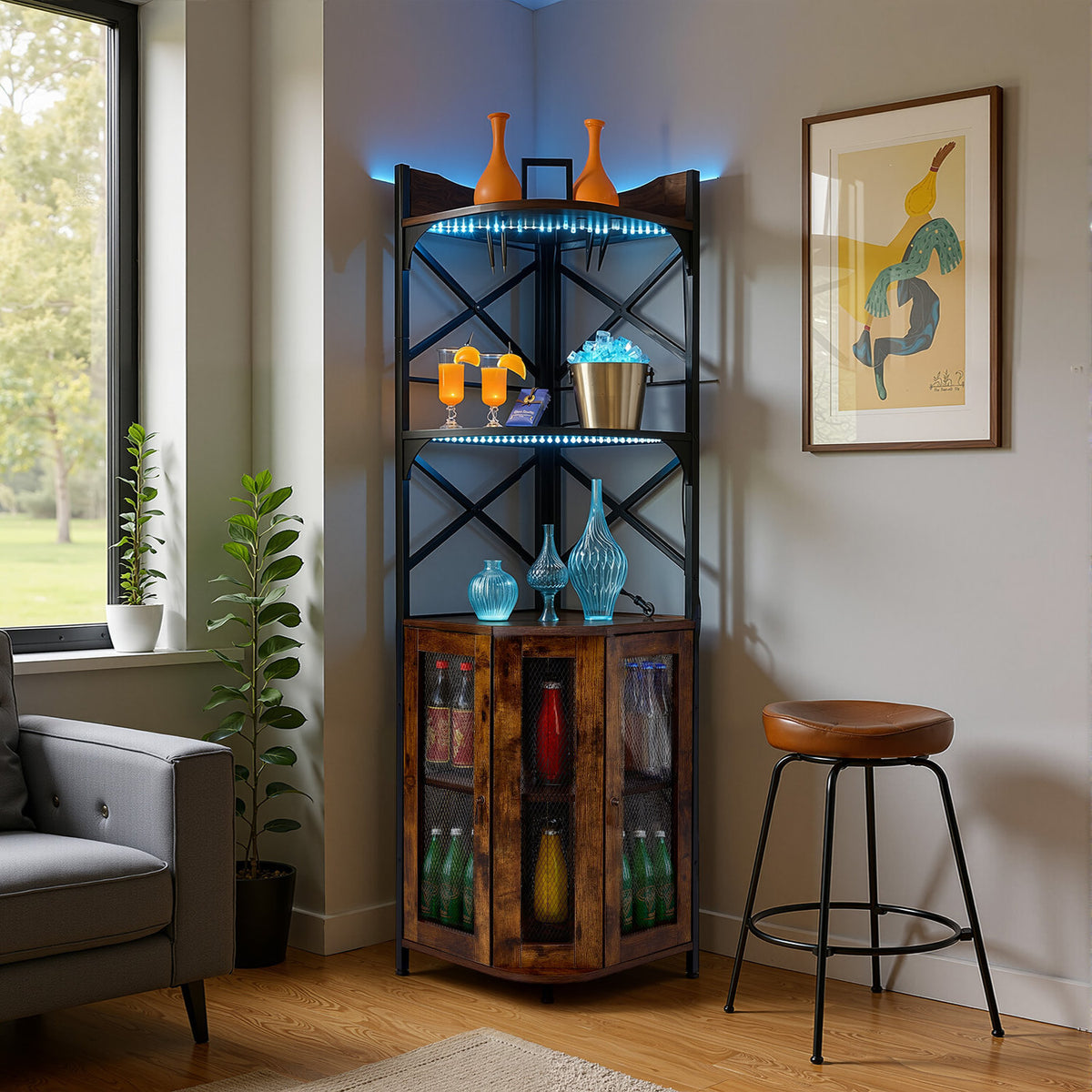 5-Tier Dark Brown RGB Corner Bar Cabinet