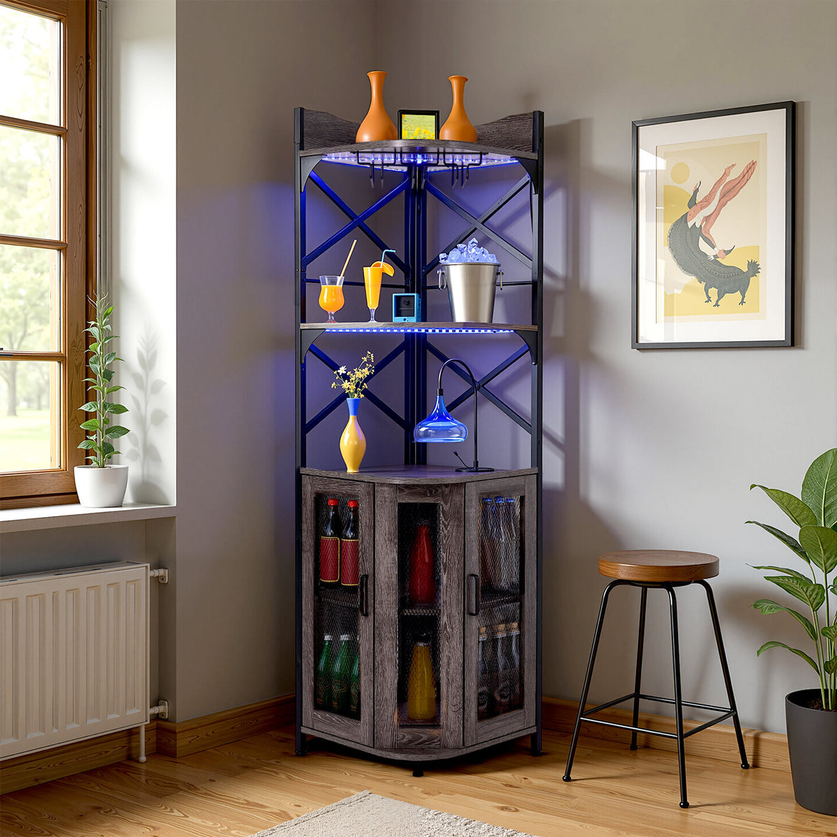5-Tier Grey Corner Bar Cabinet with RGB LED Lights