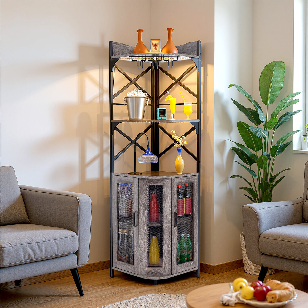 5-Tier Grey Corner Bar Cabinet with RGB LED Lights