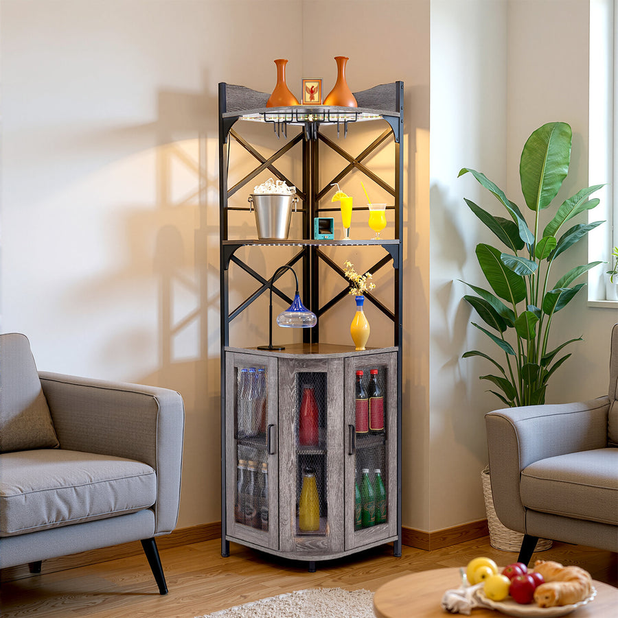 5-Tier Grey Corner Bar Cabinet with RGB LED Lights