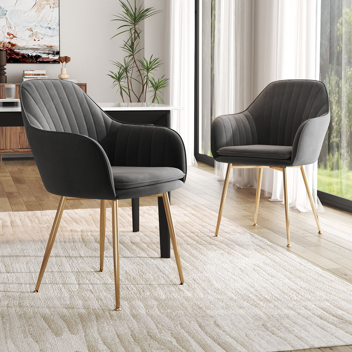 Set of 2 Dark Grey Velvet Dining Chairs