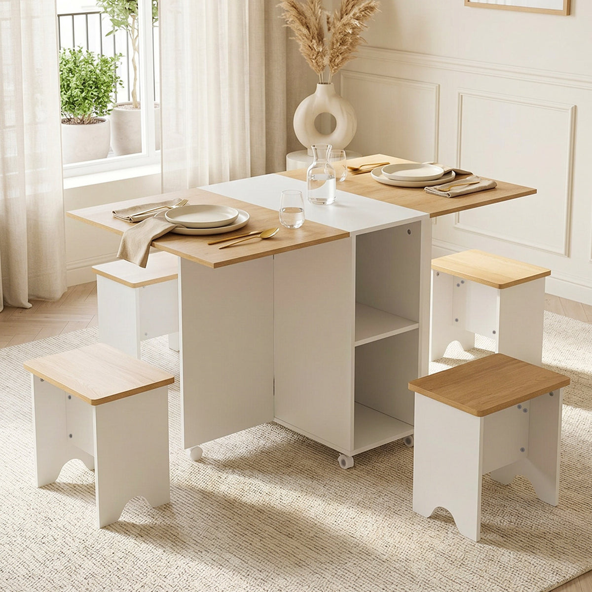White & Natural Wood Folding Dining Table Set