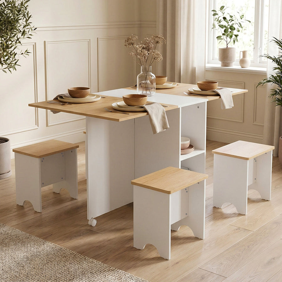 White & Natural Wood Folding Dining Table Set