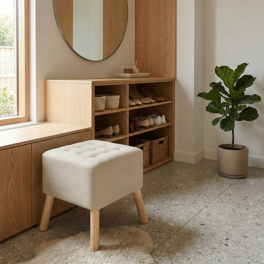 Beige Linen Fabric Padded Wooden Leg Footstool