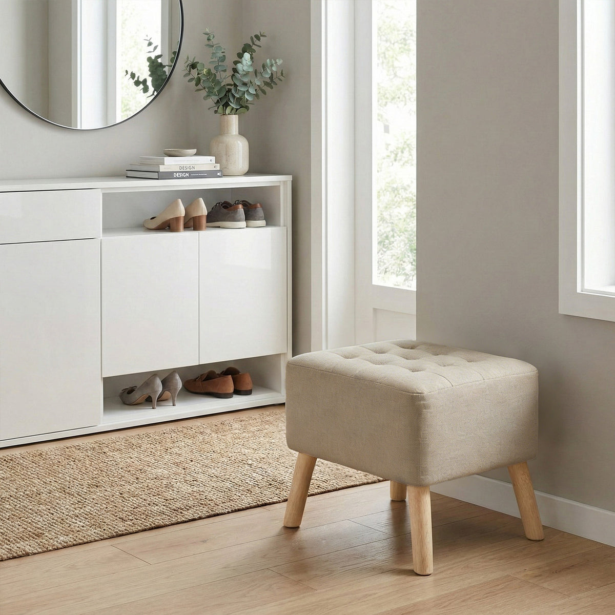 Beige Linen Fabric Padded Wooden Leg Footstool