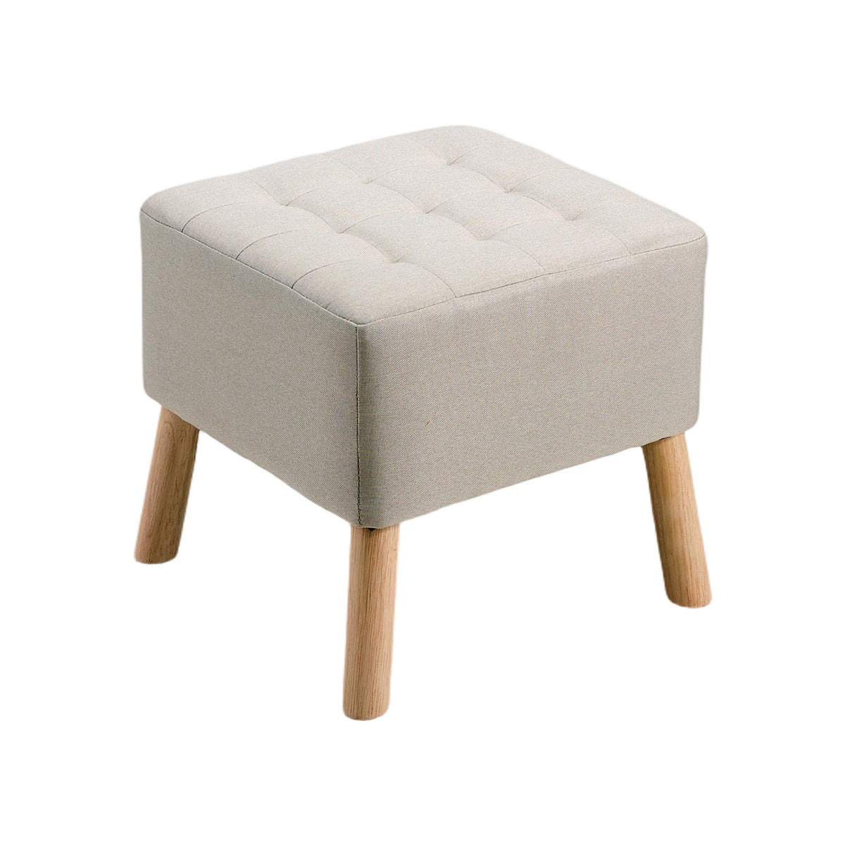 Beige Linen Fabric Padded Wooden Leg Footstool