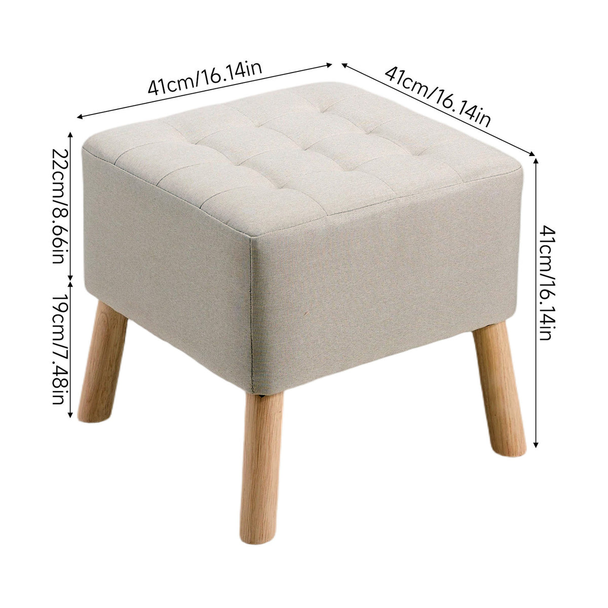 Beige Linen Fabric Padded Wooden Leg Footstool