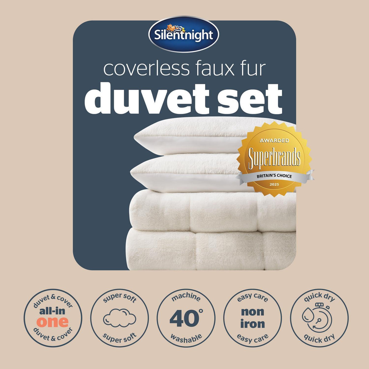 Silentnight White Faux Fur 10.5 Tog Coverless Duvet and Pillowcase Set