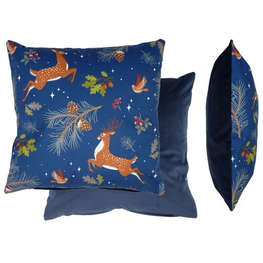 Forest Deer Royal Blue Velvet Cushion Cover (45cm x 45cm)