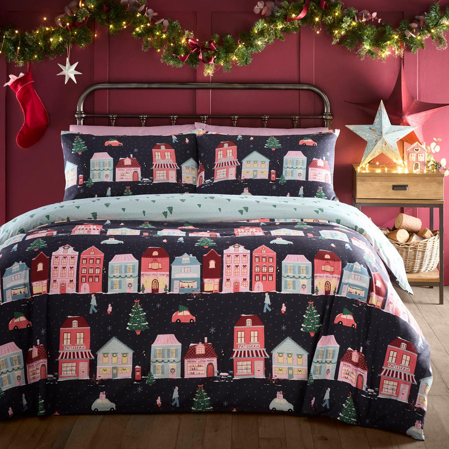 Christmas Houses Navy Reversible Duvet Set