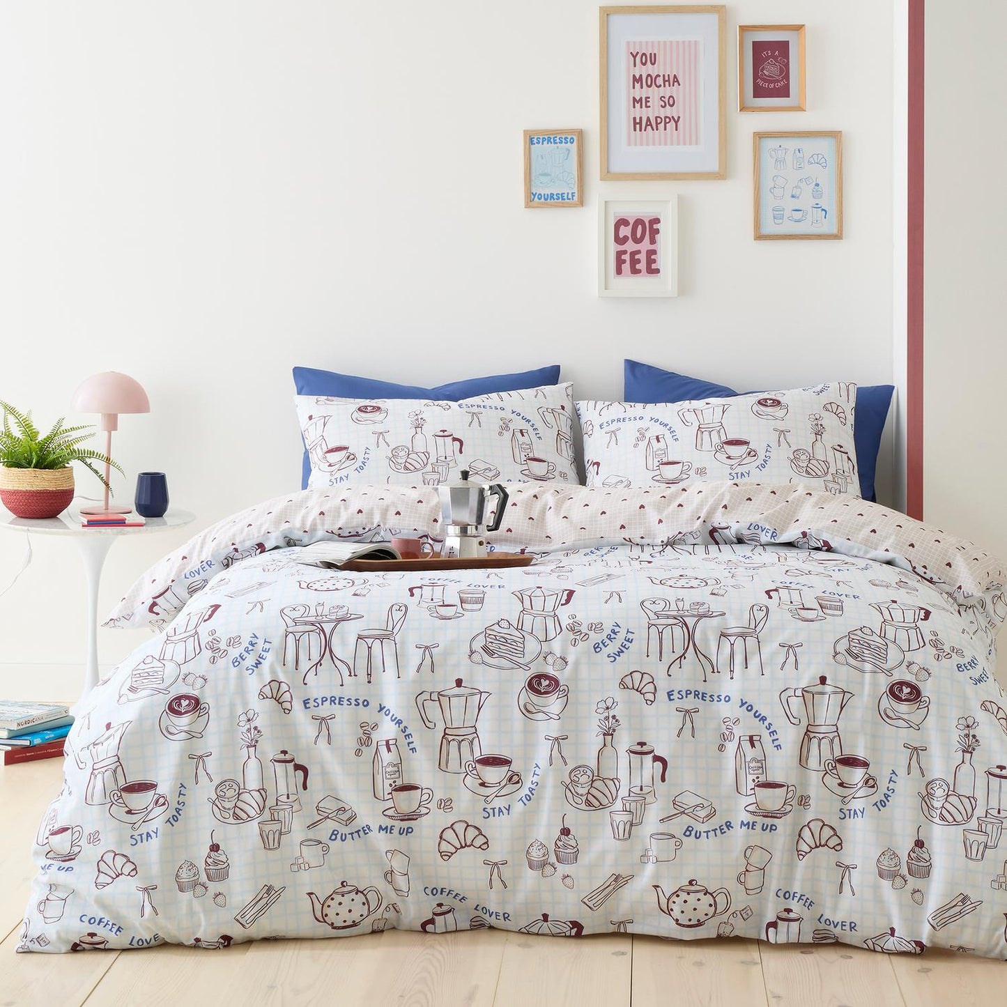 Coffee Club Reversible Blue Duvet Set