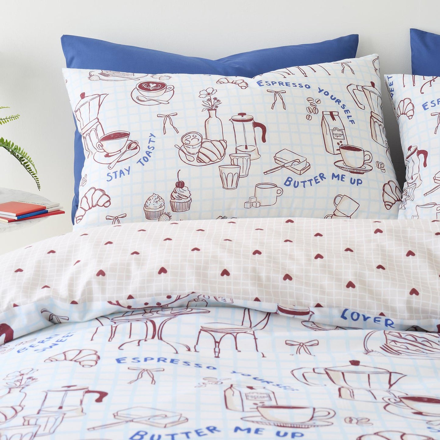 Coffee Club Reversible Blue Duvet Set