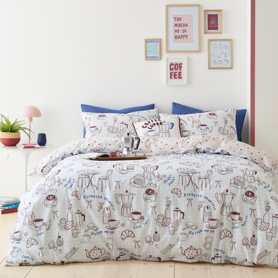 Coffee Club Reversible Blue Duvet Set