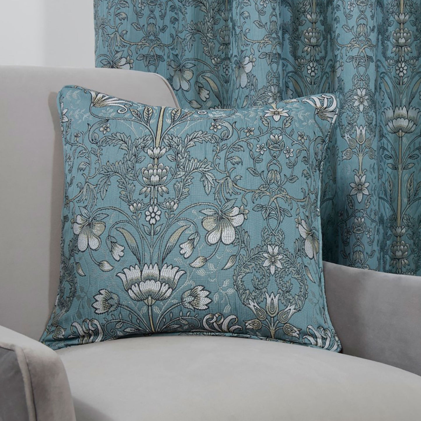 Kyoto Blue Floral Jacquard Filled Cushion (45cm x 45cm)