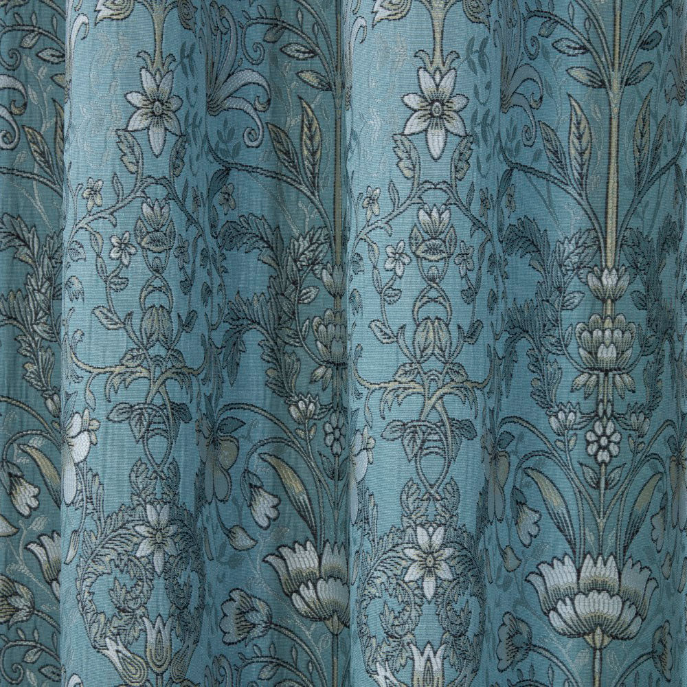 Kyoto Blue Floral Jacquard Lined Pencil Pleat Curtains