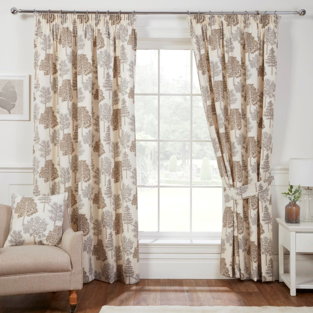 Coppice Natural/Grey Pencil Pleat Curtains