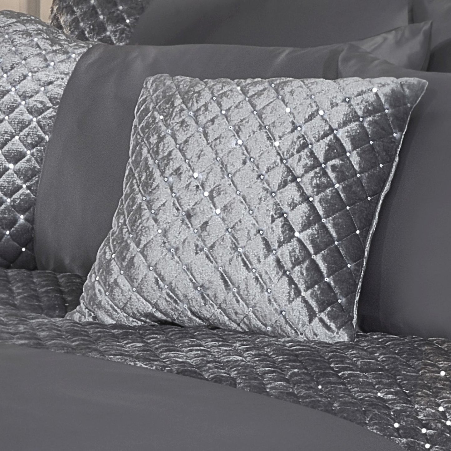 Glamour Silver Quilted Sequin Velvet Cushion Cover Pair (43cm x 43cm)