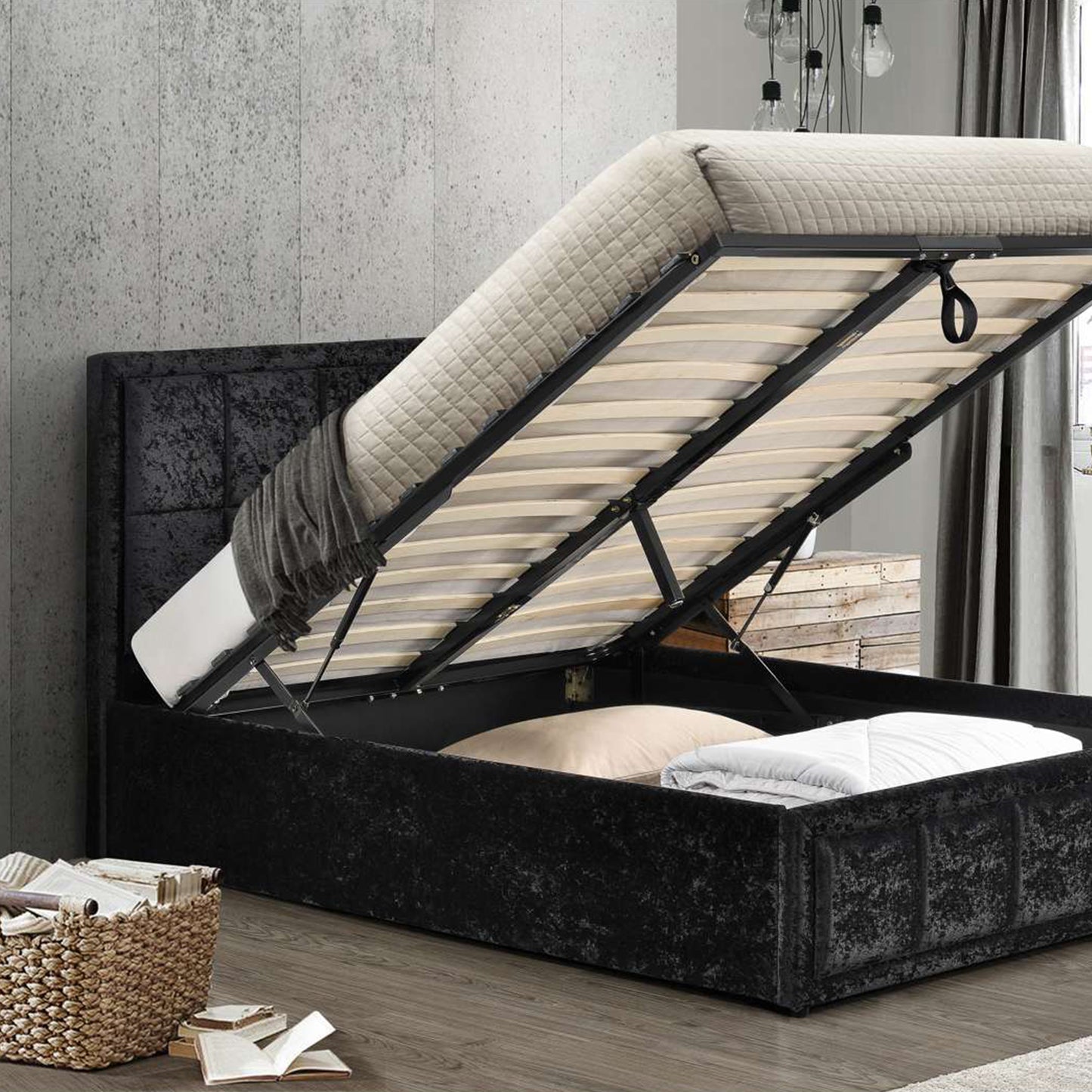 Hannover Black Crushed Velvet Ottoman Bed