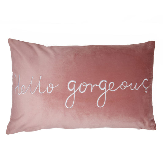 Hello Gorgeous Blush Pink Velvet Cushion (30cm x 50cm)