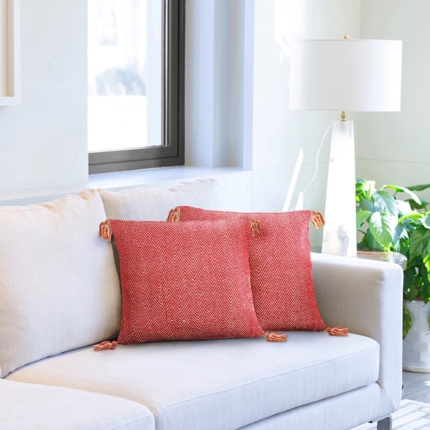 Herringbone Red Recycled Cotton Cushion Cover (Pair)