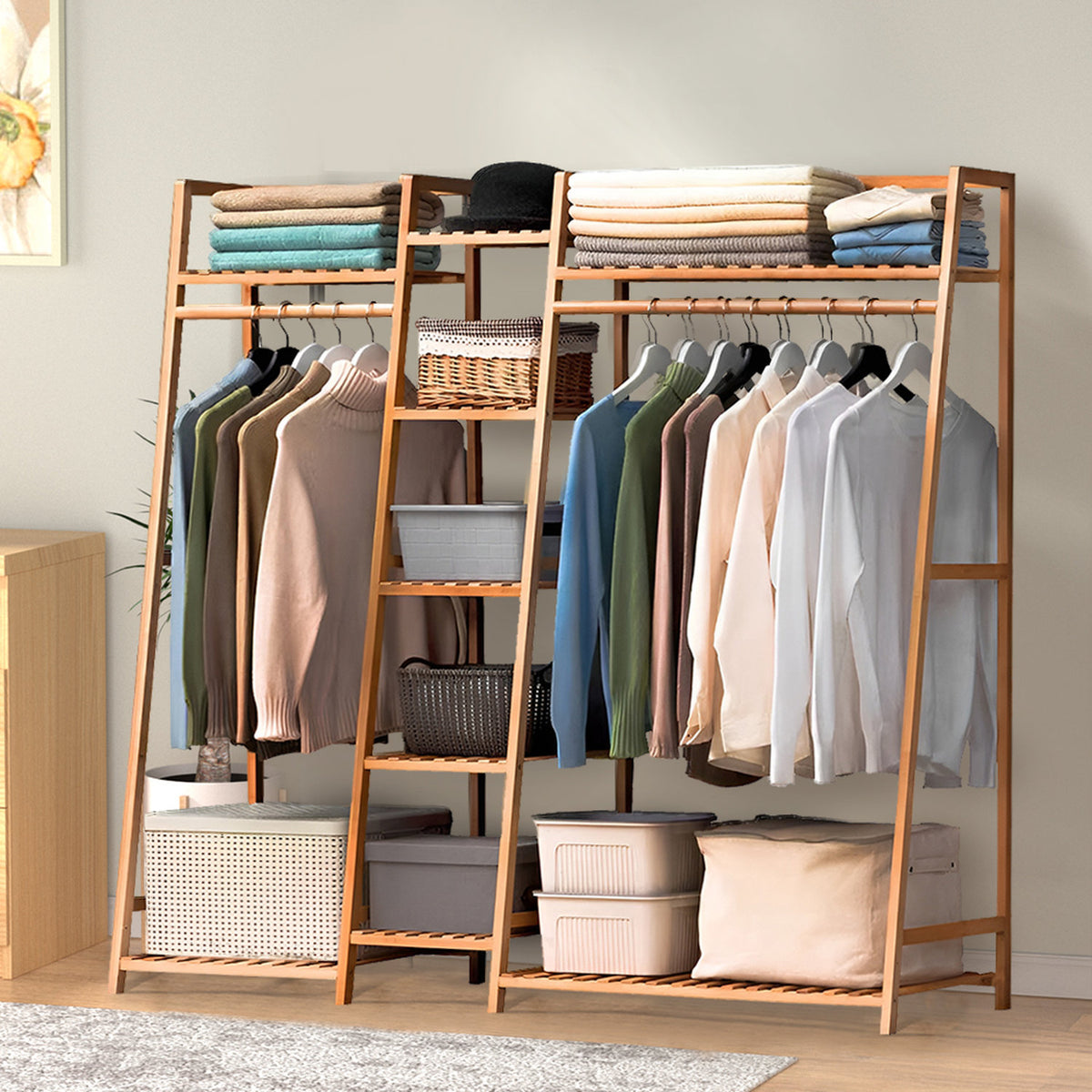 Natural Bamboo Clothes Rack with 7 Shelves