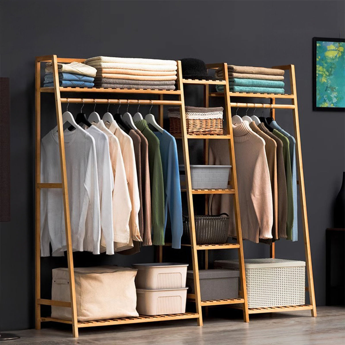 Natural Bamboo Clothes Rack with 7 Shelves