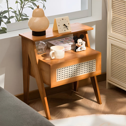 Wooden Brown Nightstand with Rattan Drawer