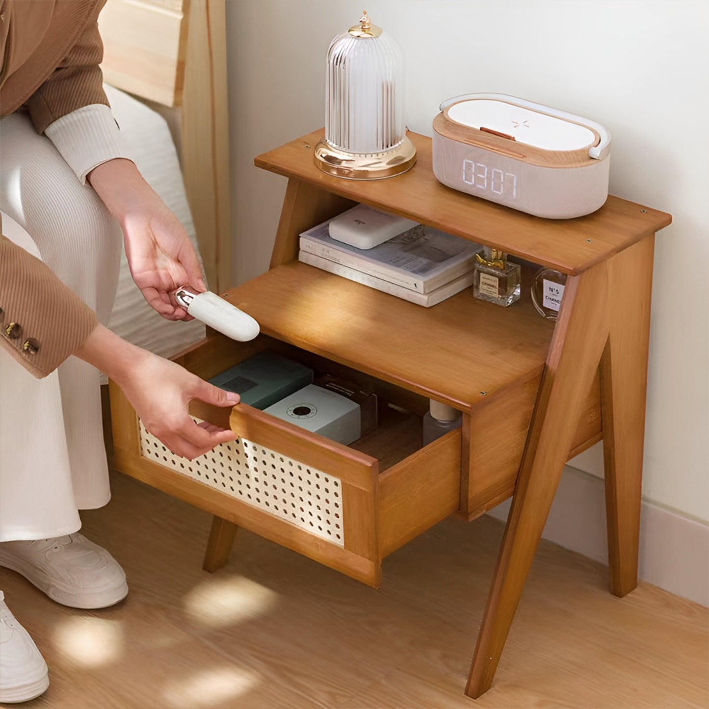 Wooden Brown Nightstand with Rattan Drawer