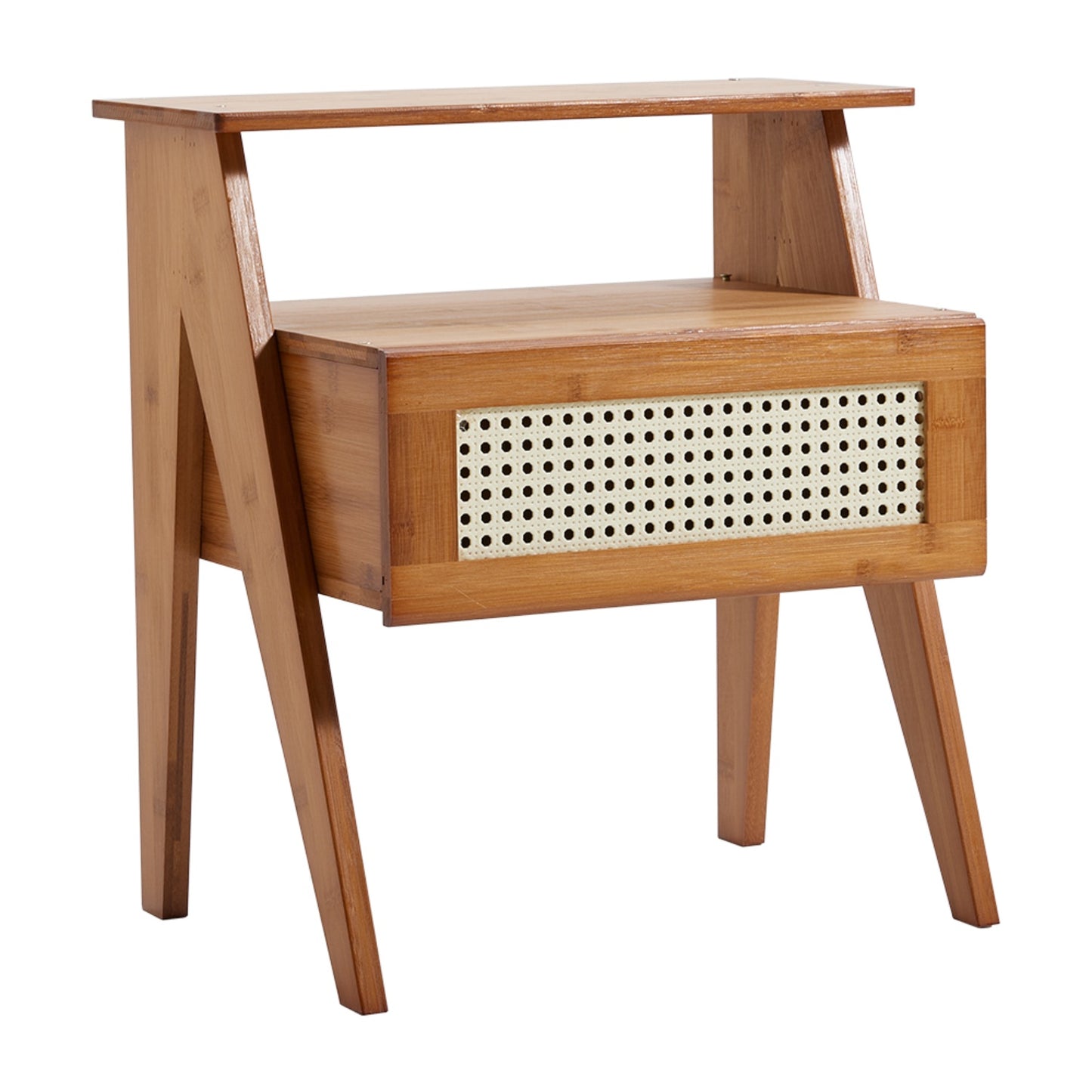 Wooden Brown Nightstand with Rattan Drawer