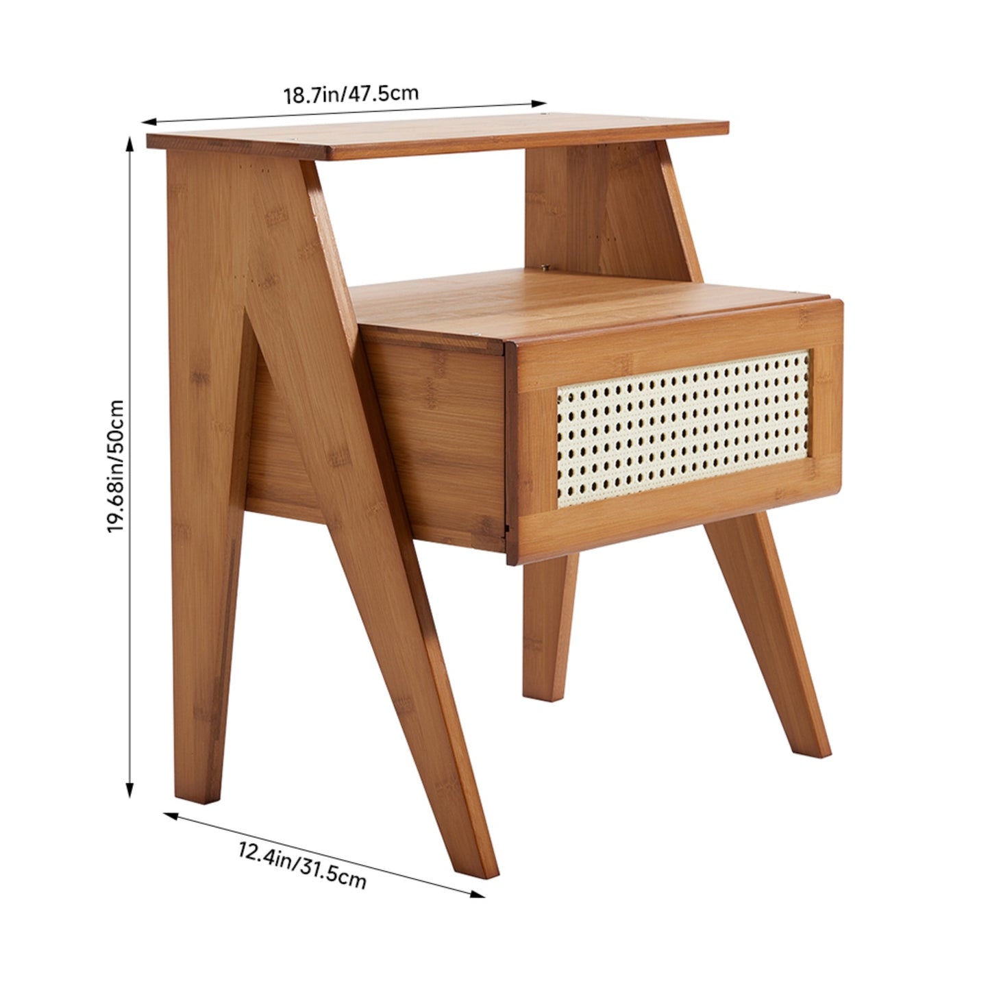 Wooden Brown Nightstand with Rattan Drawer