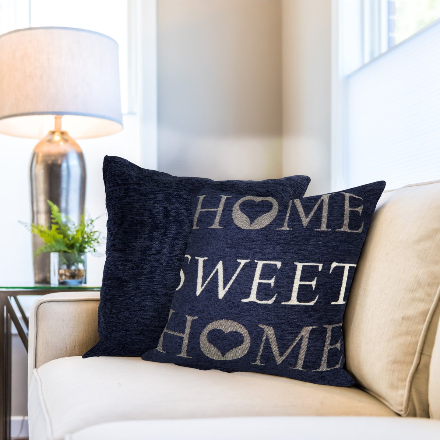 Home Sweet Home Navy Blue Jacquard Cushion Cover Pair (43cm x 43cm)