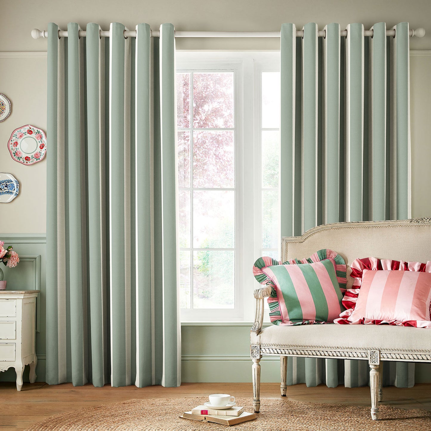 Cath Kidston Handpainted Stripe Sage Blackout Eyelet Curtains