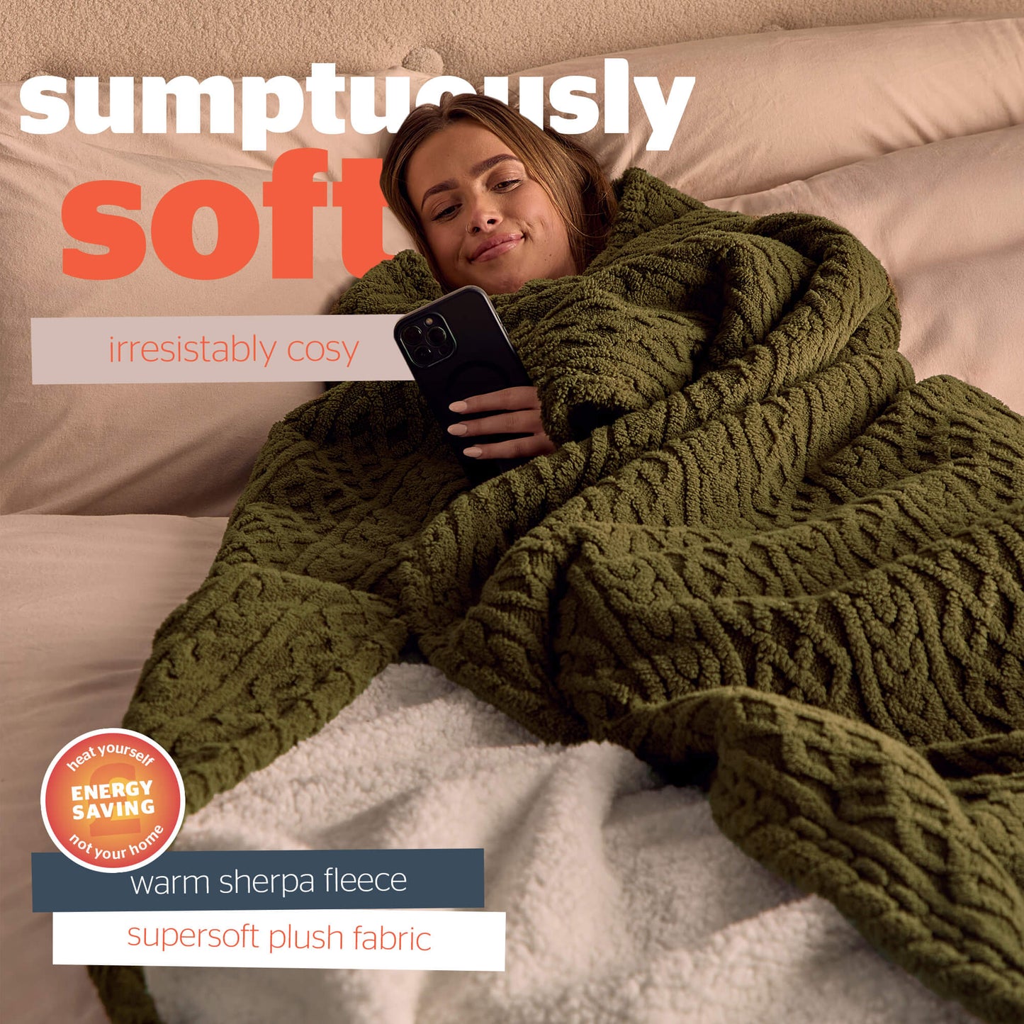 Silentnight Green Cable Knit Heat Genie Self Heating Blanket