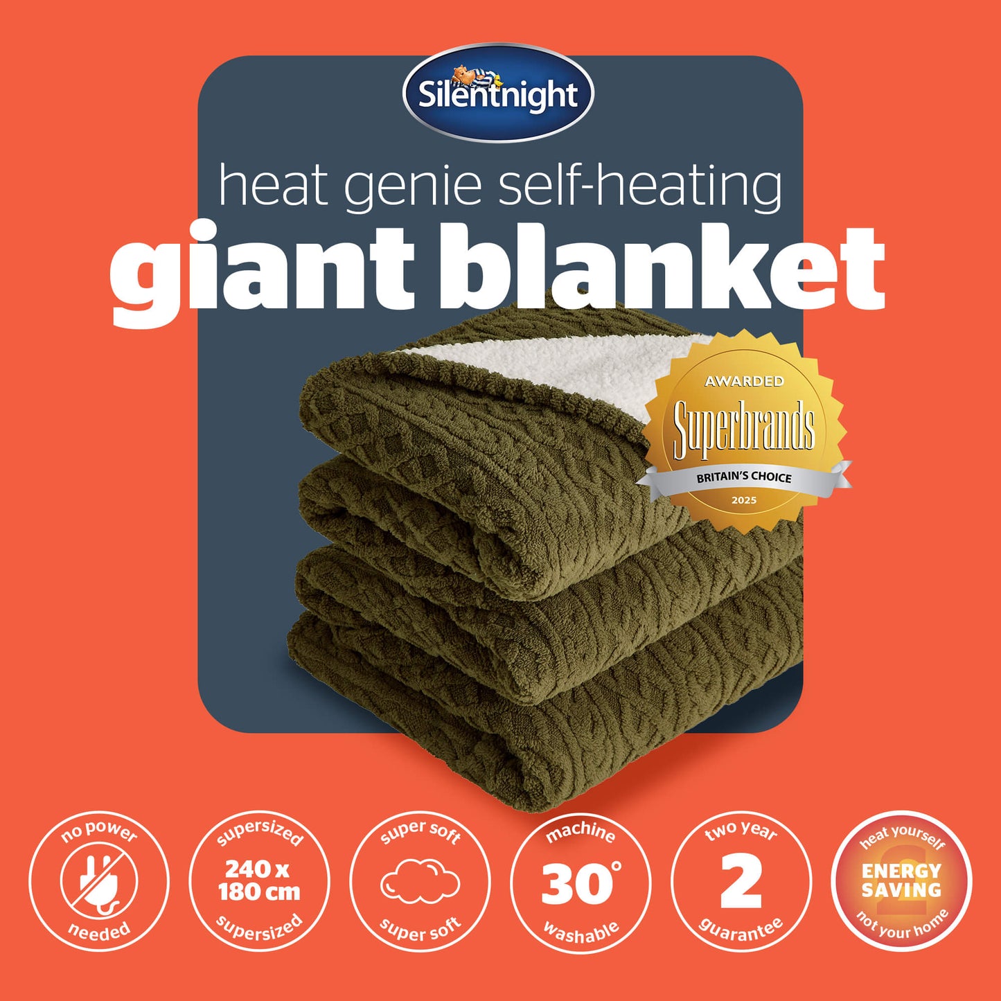 Silentnight Green Cable Knit Heat Genie Self Heating Blanket