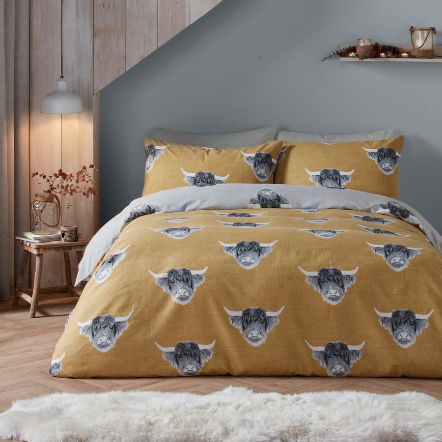 Highland Cow Ochre Brushed Duvet Set